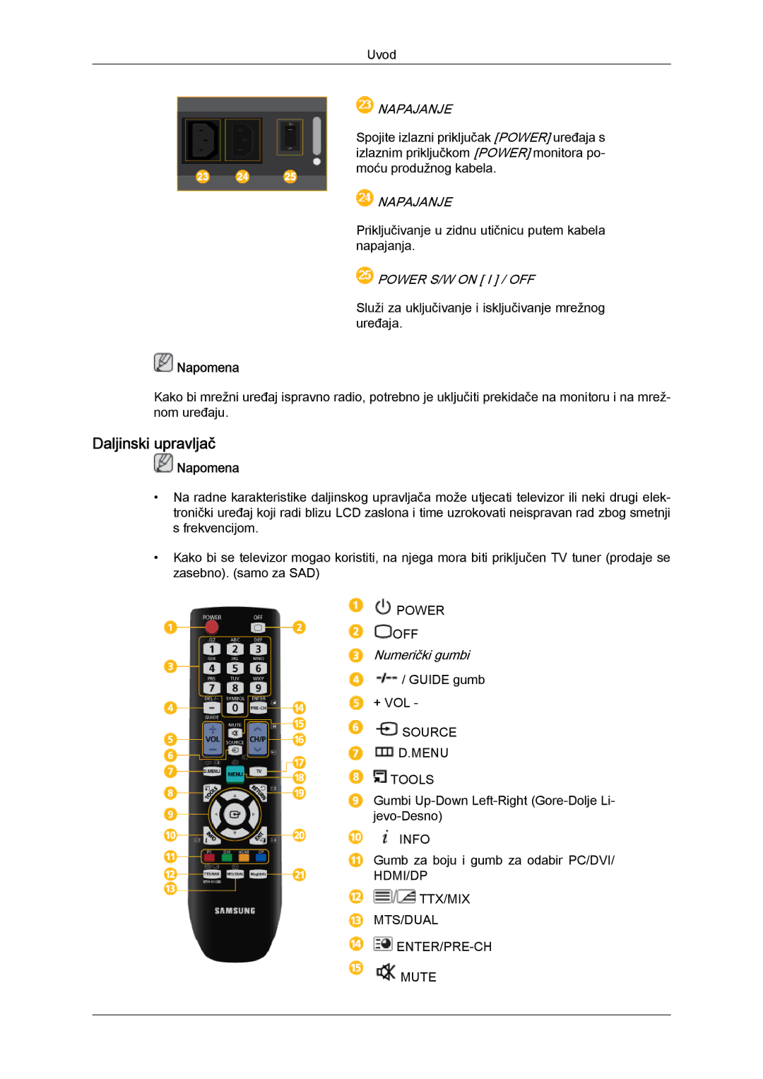 Samsung LH46CSPLBC/EN, LH40CSPLBC/EN manual Daljinski upravljač, Napajanje 