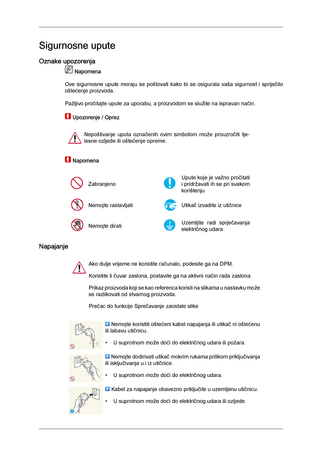 Samsung LH46CSPLBC/EN, LH40CSPLBC/EN manual Oznake upozorenja, Napajanje, Napomena, Upozorenje / Oprez 