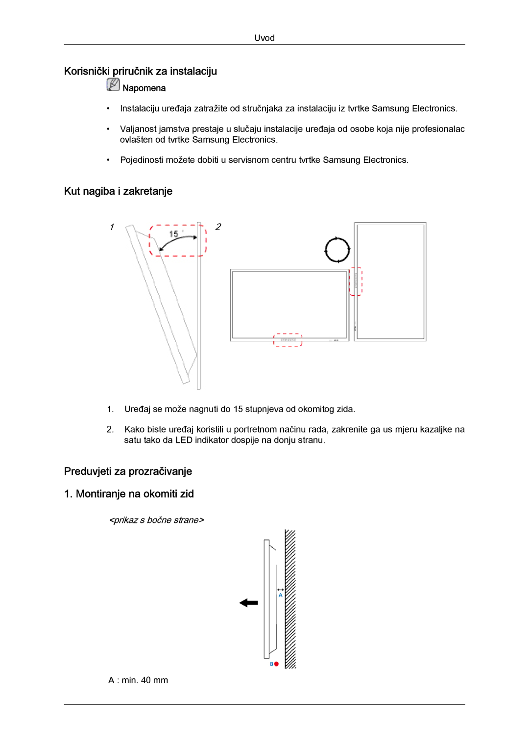 Samsung LH40CSPLBC/EN, LH46CSPLBC/EN manual Korisnički priručnik za instalaciju, Kut nagiba i zakretanje 