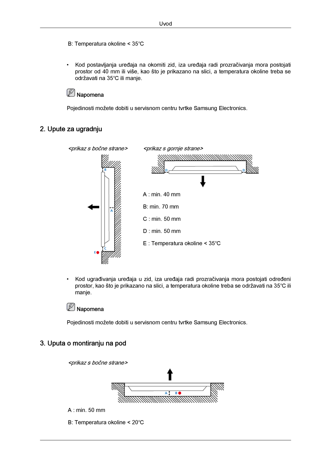 Samsung LH46CSPLBC/EN, LH40CSPLBC/EN manual Upute za ugradnju, Uputa o montiranju na pod 