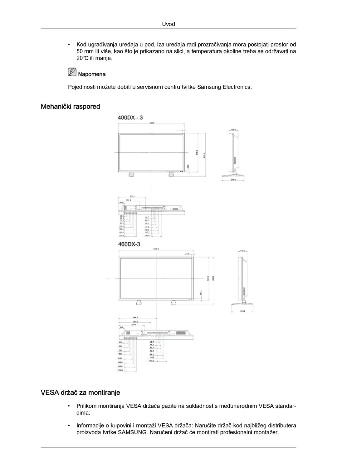 Samsung LH40CSPLBC/EN, LH46CSPLBC/EN manual Mehanički raspored Vesa držač za montiranje 