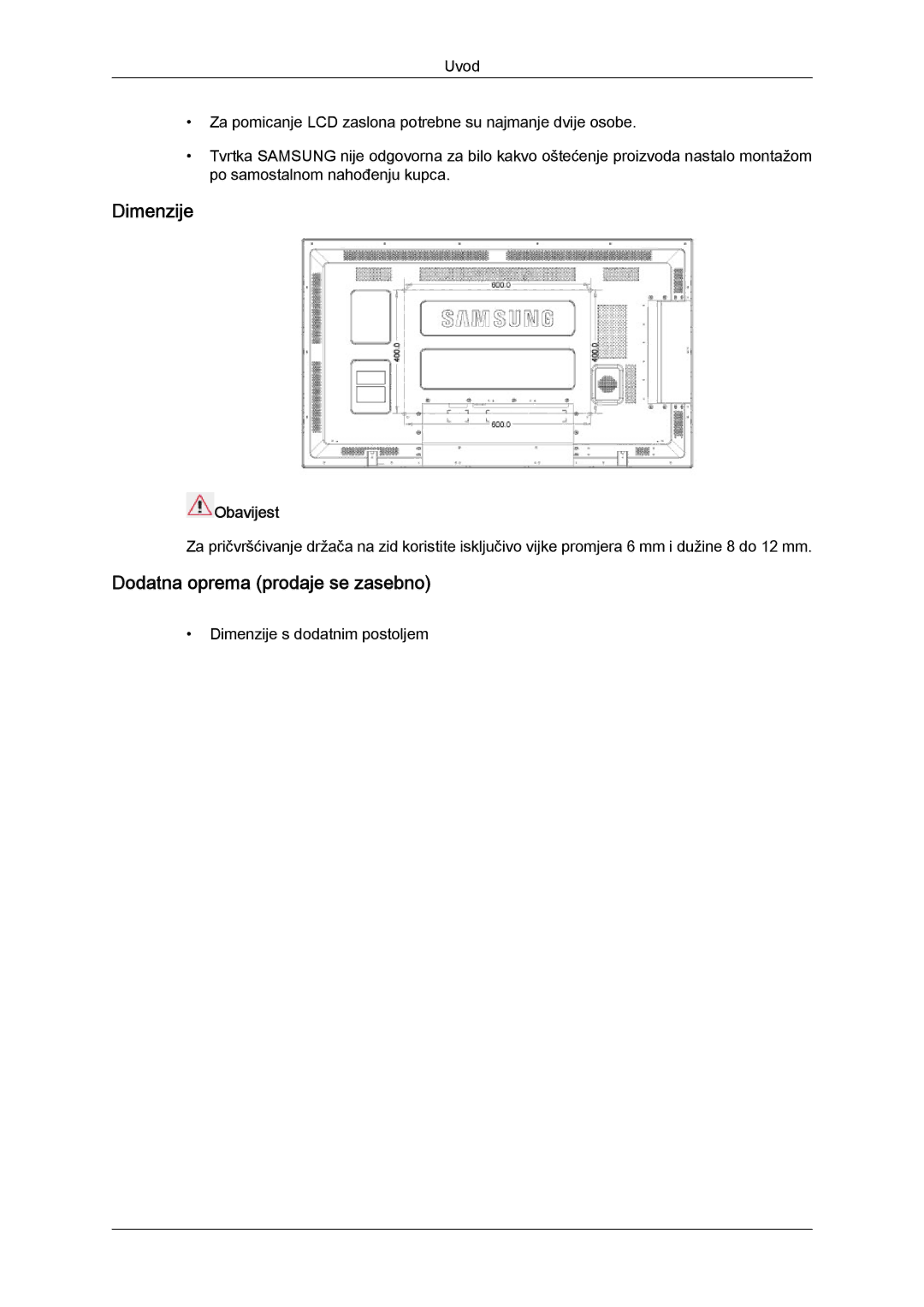 Samsung LH46CSPLBC/EN, LH40CSPLBC/EN manual Dimenzije, Dodatna oprema prodaje se zasebno, Obavijest 