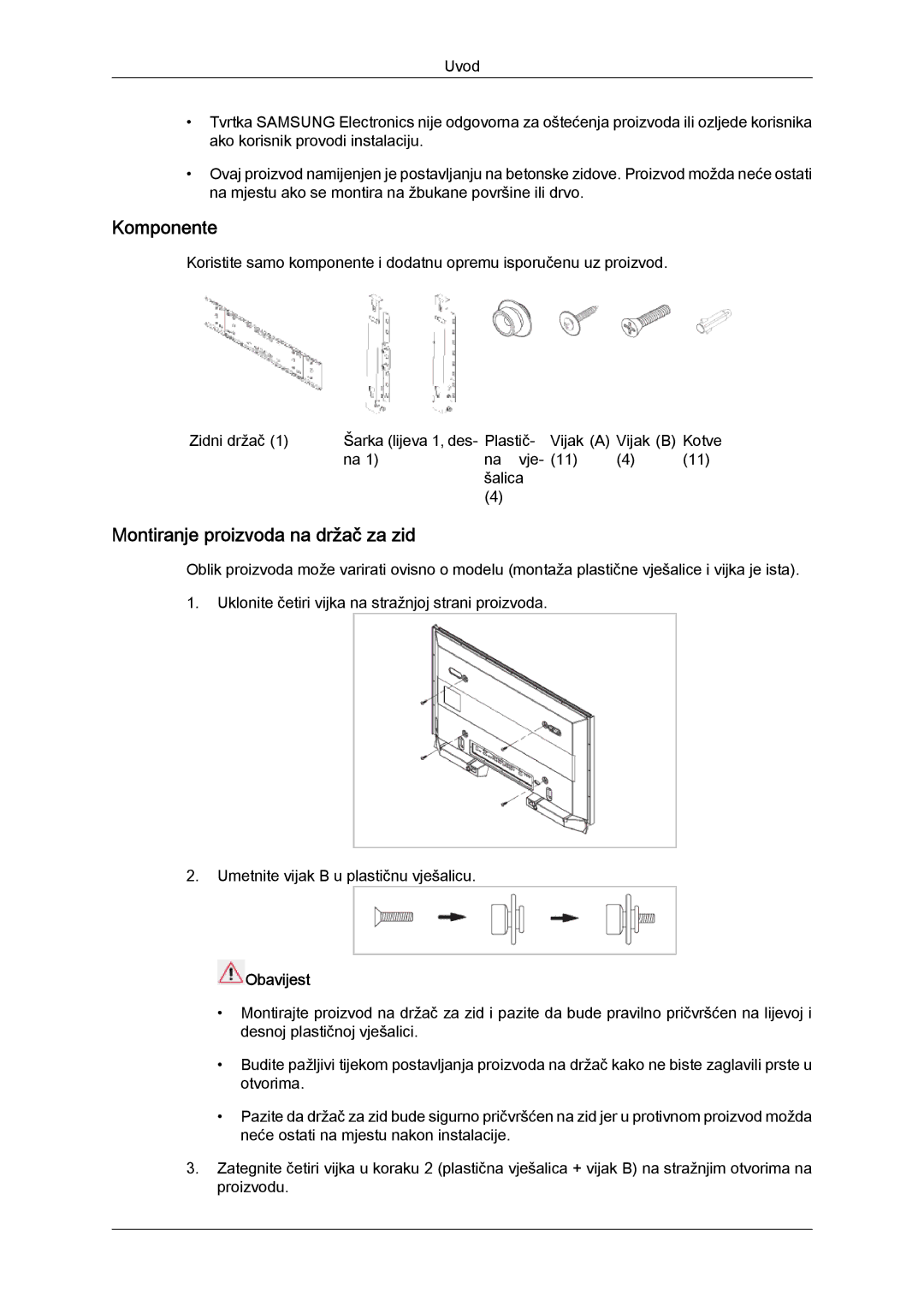 Samsung LH40CSPLBC/EN, LH46CSPLBC/EN manual Komponente, Montiranje proizvoda na držač za zid 