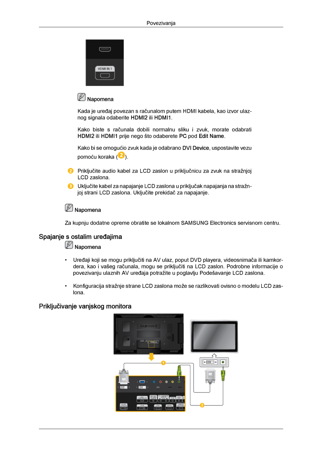 Samsung LH46CSPLBC/EN, LH40CSPLBC/EN manual Spajanje s ostalim uređajima, Priključivanje vanjskog monitora 