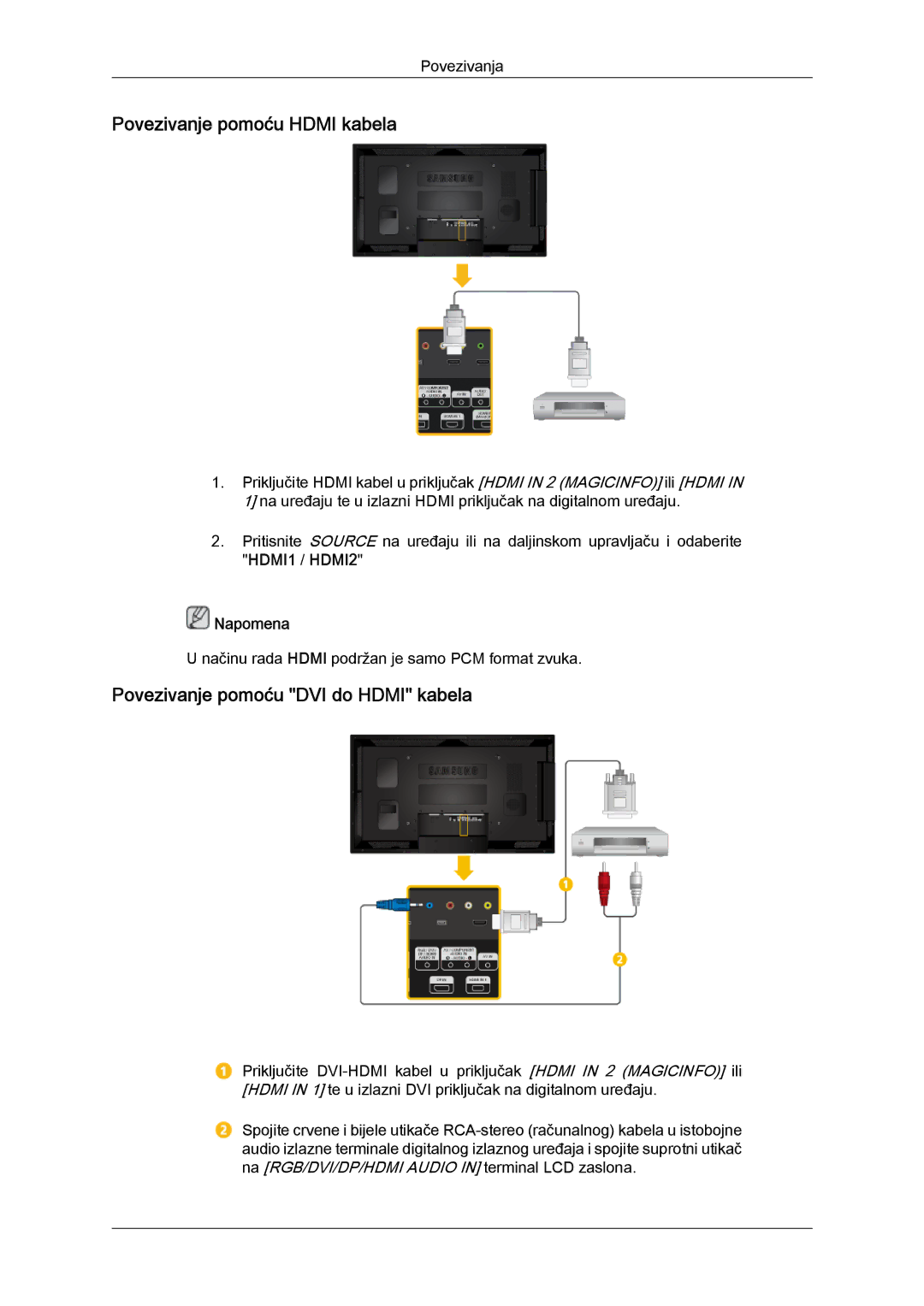 Samsung LH40CSPLBC/EN, LH46CSPLBC/EN manual Povezivanje pomoću Hdmi kabela, Povezivanje pomoću DVI do Hdmi kabela 