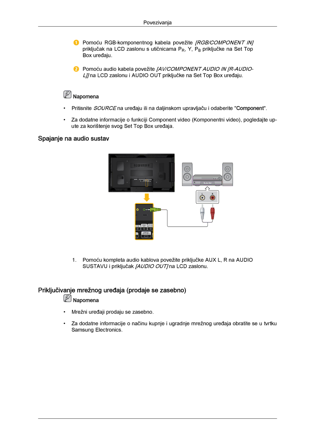 Samsung LH40CSPLBC/EN, LH46CSPLBC/EN manual Spajanje na audio sustav, Priključivanje mrežnog uređaja prodaje se zasebno 