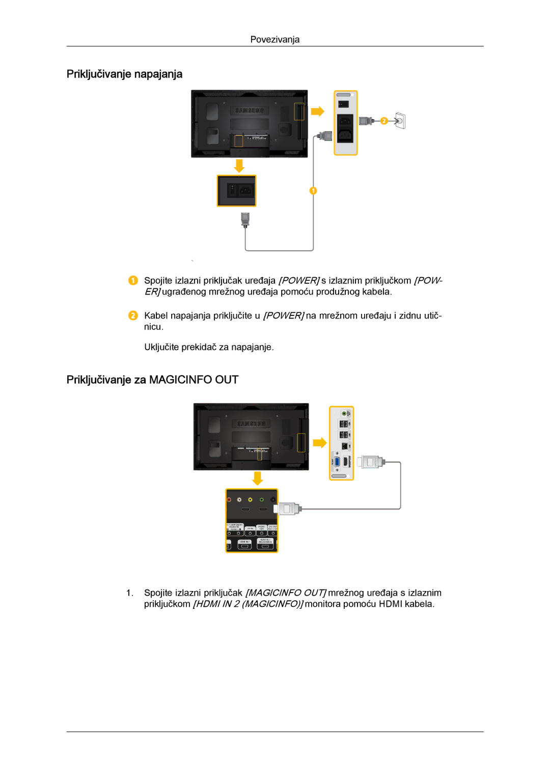 Samsung LH46CSPLBC/EN, LH40CSPLBC/EN manual Priključivanje napajanja, Priključivanje za Magicinfo OUT 