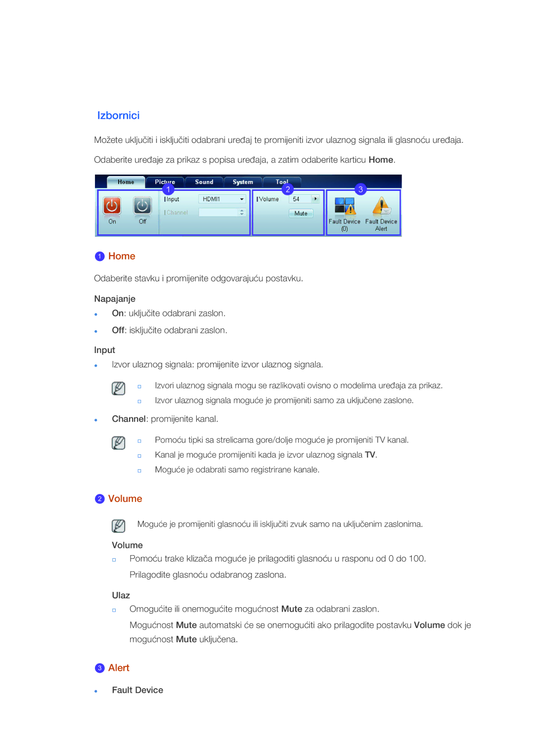 Samsung LH40CSPLBC/EN, LH46CSPLBC/EN manual Izbornici, Home, Volume, Alert 
