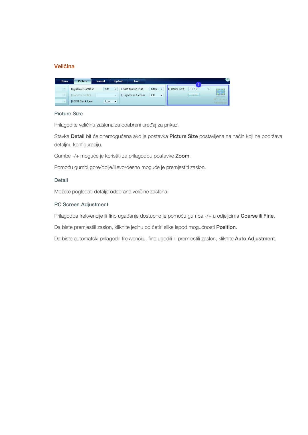 Samsung LH46CSPLBC/EN, LH40CSPLBC/EN manual Veličina, Picture Size, Detail, PC Screen Adjustment 