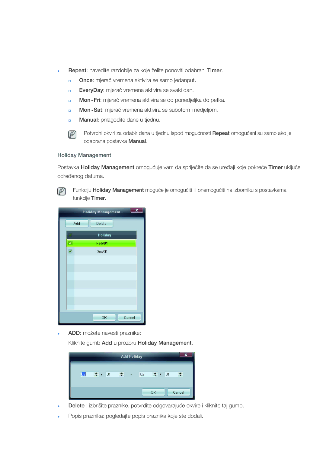 Samsung LH40CSPLBC/EN, LH46CSPLBC/EN manual Holiday Management 