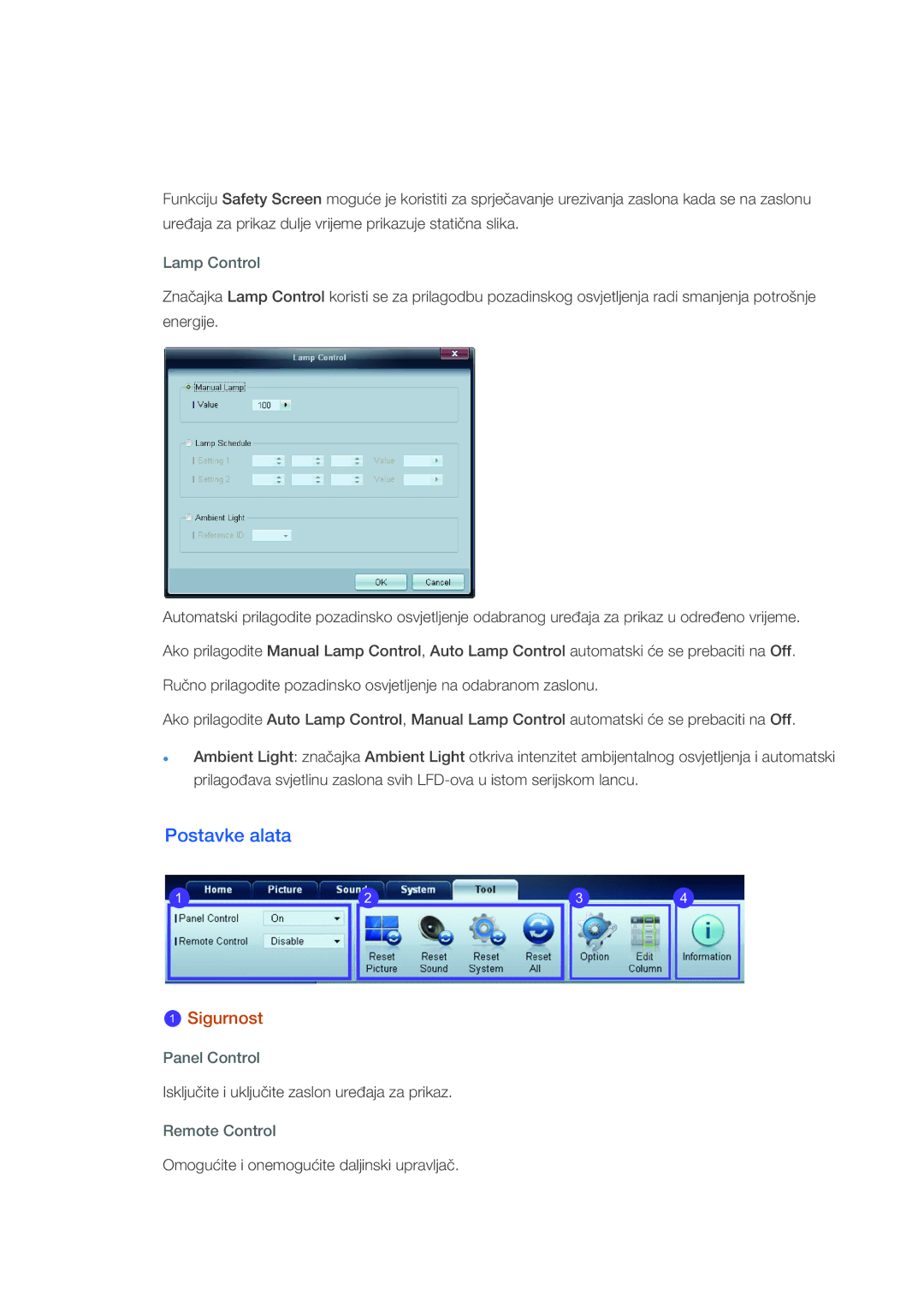 Samsung LH40CSPLBC/EN, LH46CSPLBC/EN manual Postavke alata, Lamp Control, Panel Control, Remote Control 