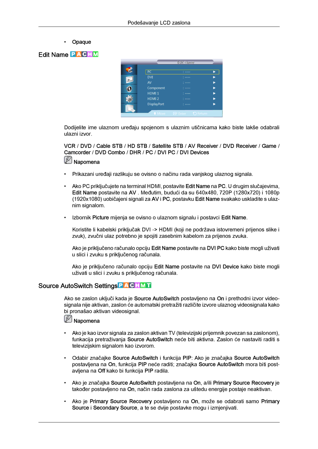 Samsung LH46CSPLBC/EN, LH40CSPLBC/EN manual Edit Name, Source AutoSwitch Settings, Opaque 