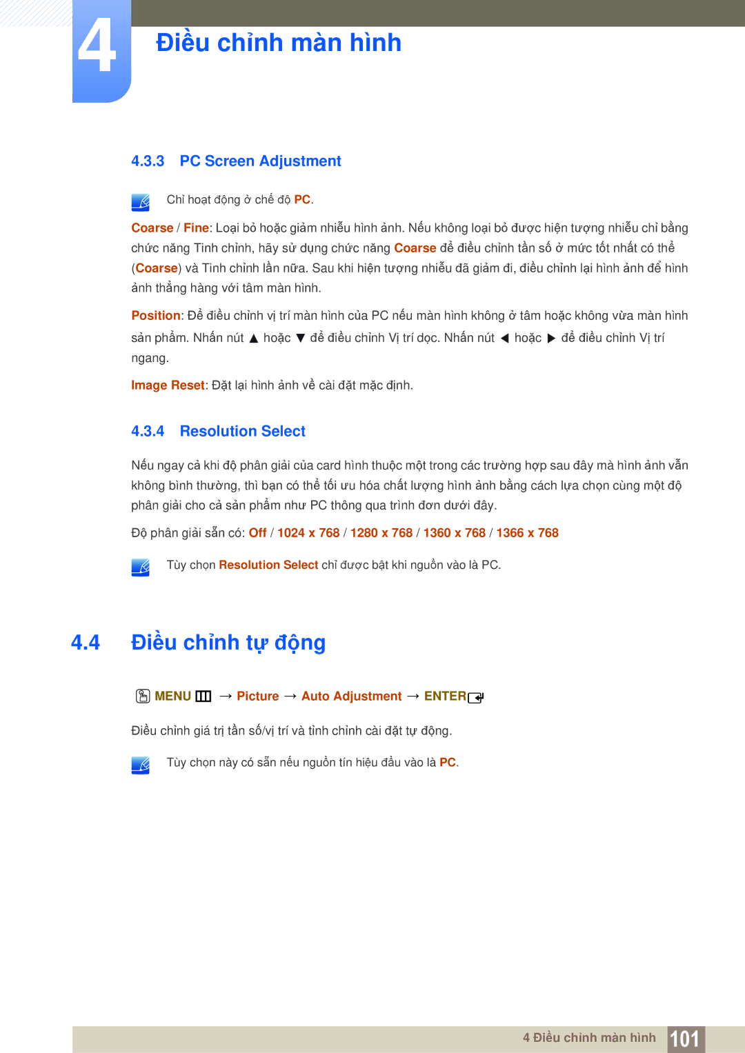 Samsung LH46UEAPLGC/XS Điều chỉnh tự động, PC Screen Adjustment, Resolution Select, Menu m Picture Auto Adjustment Enter 
