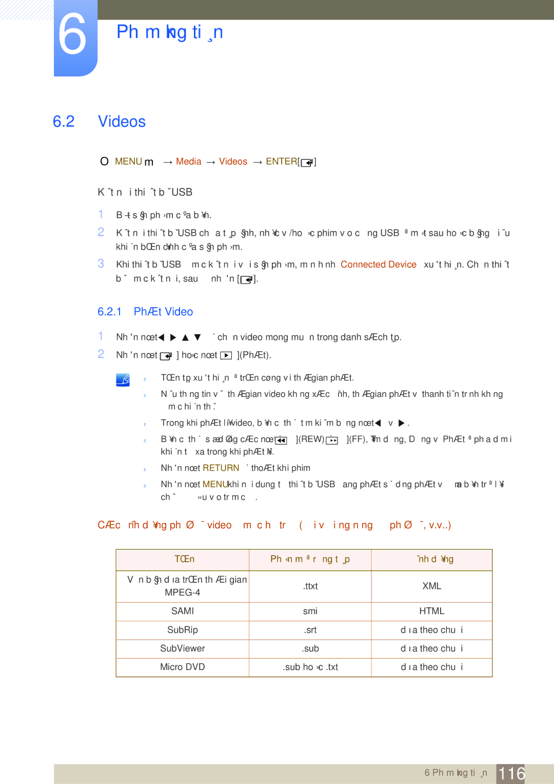 Samsung LH40MEPLGC/XY, LH46DEPLGC/EN manual 1 Phát Video, Menu m Media Videos Enter, Tên Phần mở rộng tệp Định dạng 