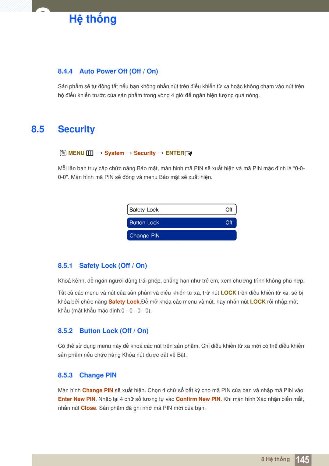 Samsung LH55MEPLGC/XY manual Security, Auto Power Off Off / On, Safety Lock Off / On, Button Lock Off / On, Change PIN 