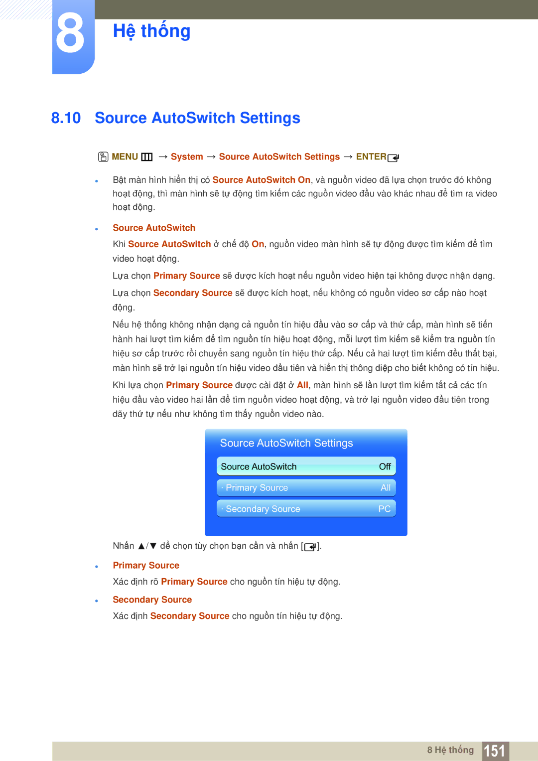 Samsung LH55MEPLGC/XY manual Menu m System Source AutoSwitch Settings Enter,  Source AutoSwitch, Primary Source 
