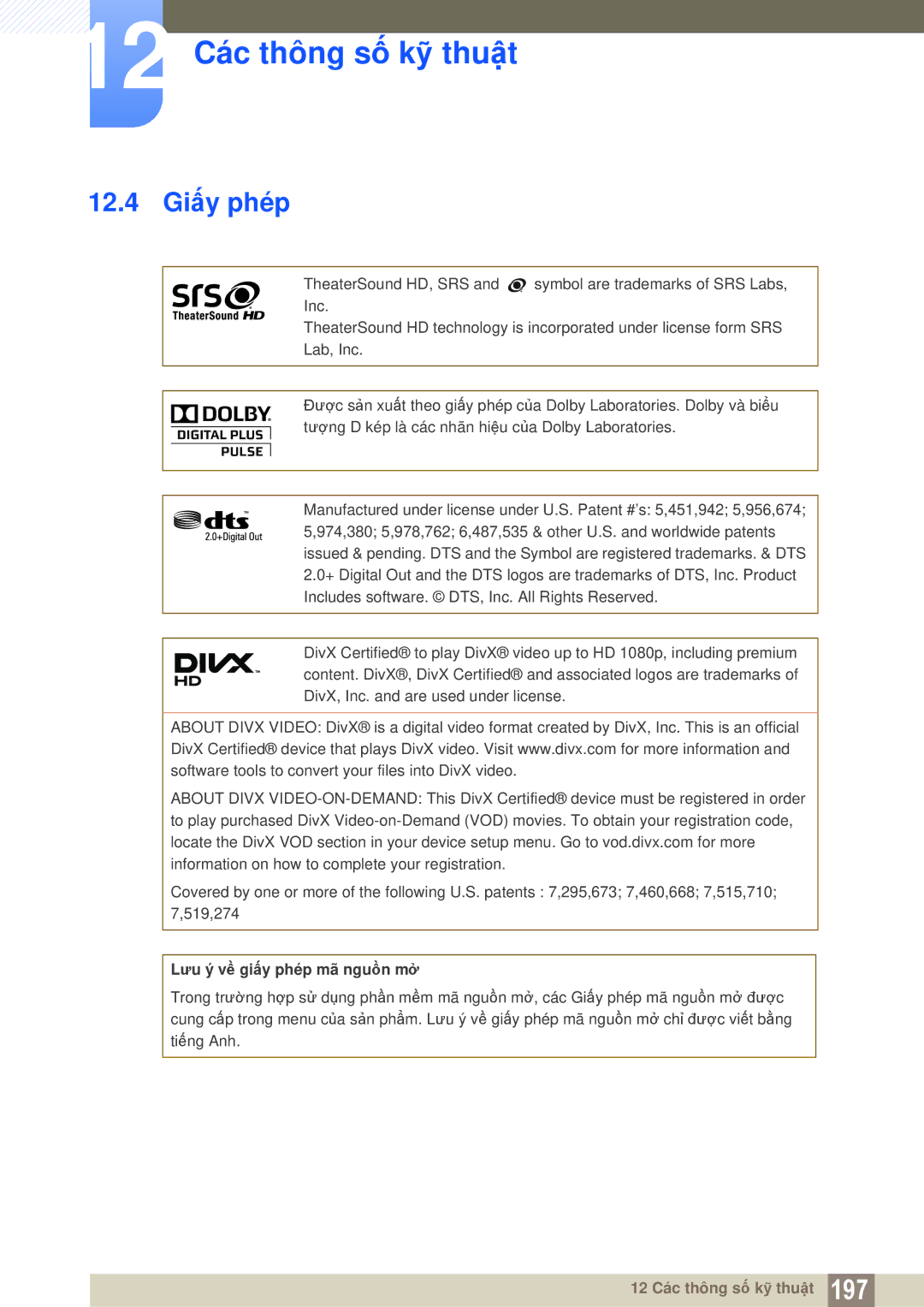 Samsung LH46UEAPLGC/XS, LH46DEPLGC/EN, LH55MEPLGC/XY, LH40MEPLGC/XY manual 12.4 Giấy phép, Lưu ý về giấy phép mã nguồn mở 