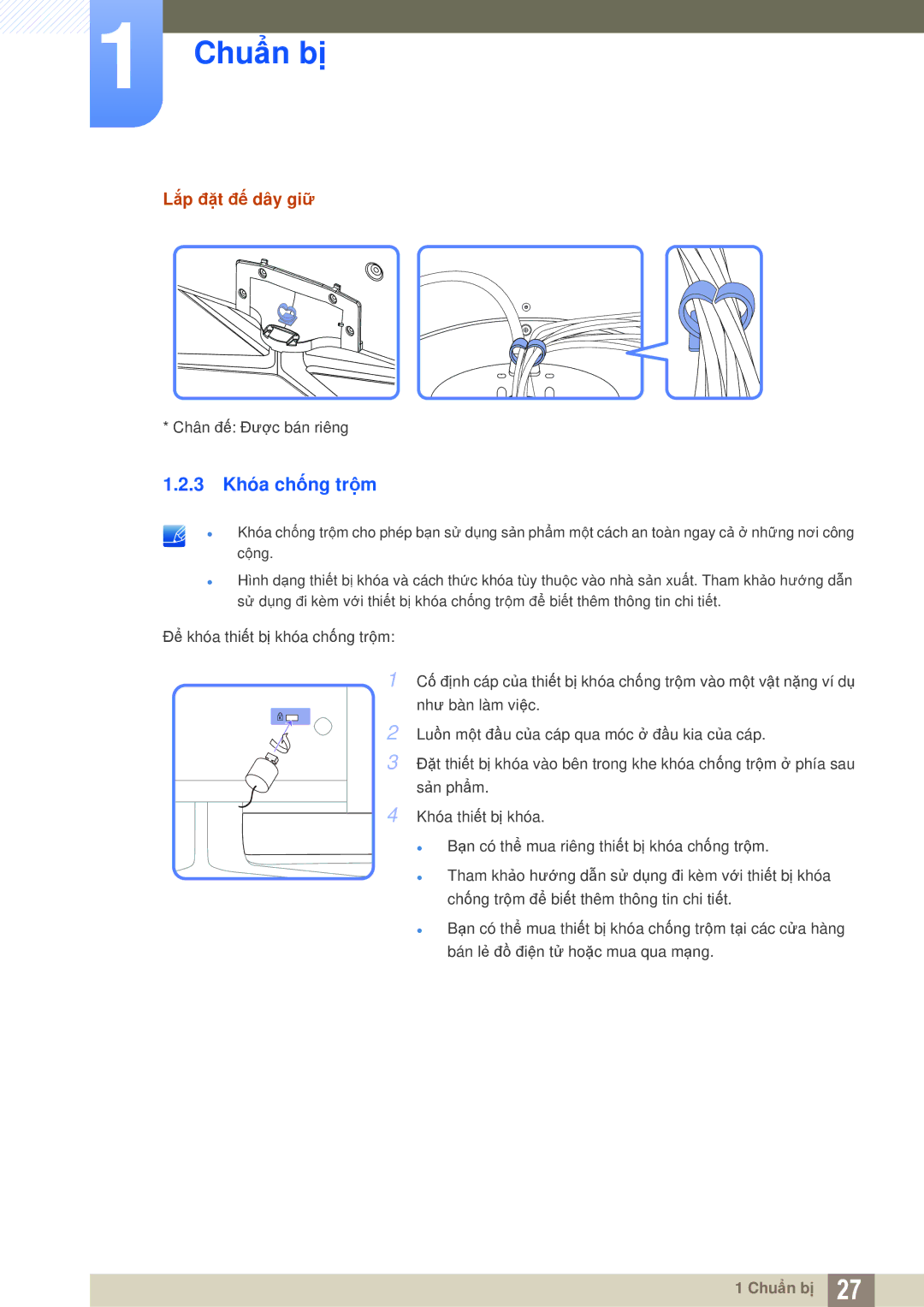 Samsung LH46MEPLGC/XY, LH46DEPLGC/EN, LH55MEPLGC/XY, LH40MEPLGC/XY, LH55UEAPLGC/XY manual 3 Khóa chống trộm, Lắp đặt đế dây giữ 