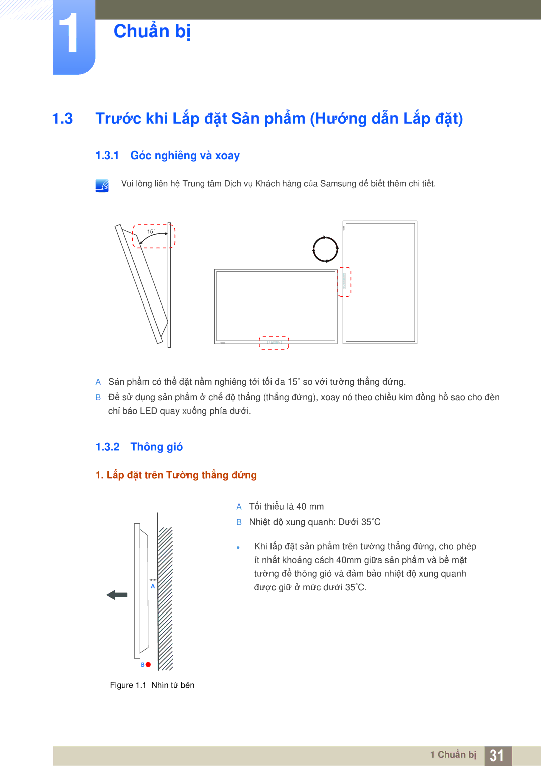 Samsung LH55MEPLGC/XY, LH46DEPLGC/EN manual Trước khi Lắp đặt Sản phẩm Hướng dẫn Lắp đặt, 1 Góc nghiêng và xoay, 2 Thông gió 