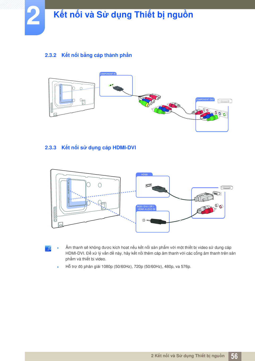 Samsung LH40MEPLGC/XY, LH46DEPLGC/EN, LH55MEPLGC/XY manual 2 Kết nối bằng cáp thành phần, 3 Kết nối sử dụng cáp HDMI-DVI 