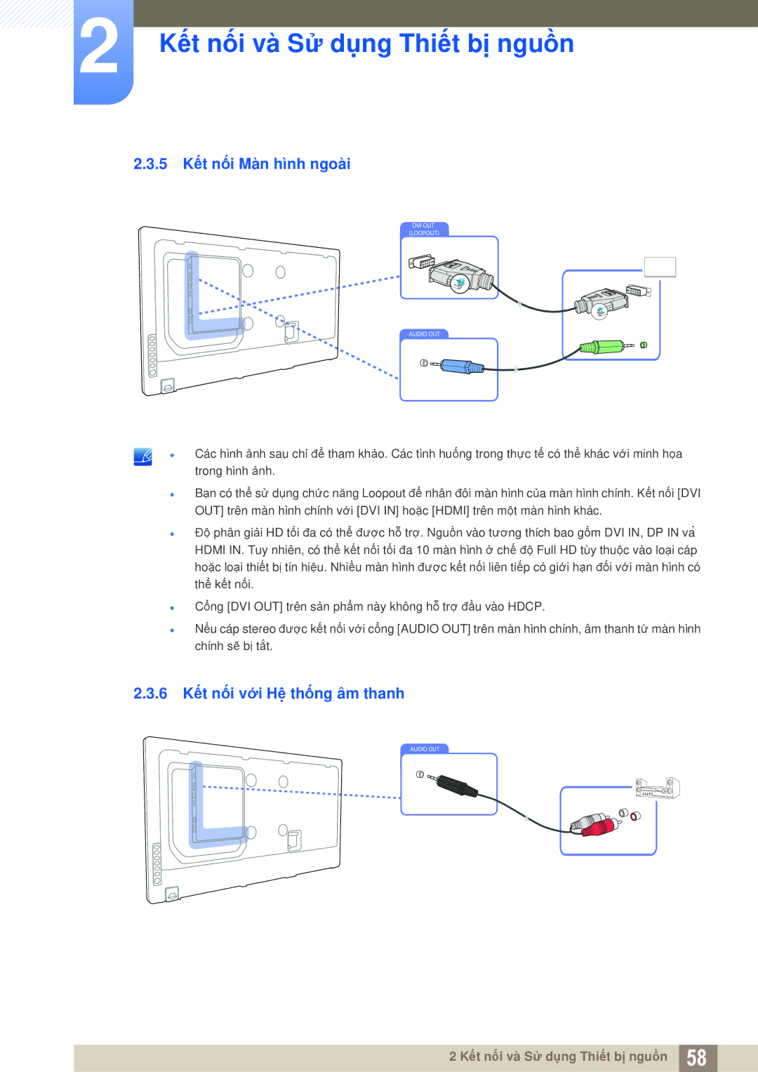 Samsung LH55UEAPLGC/XY, LH46DEPLGC/EN, LH55MEPLGC/XY manual 5 Kết nối Màn hình ngoài, 6 Kết nối với Hệ thống âm thanh 