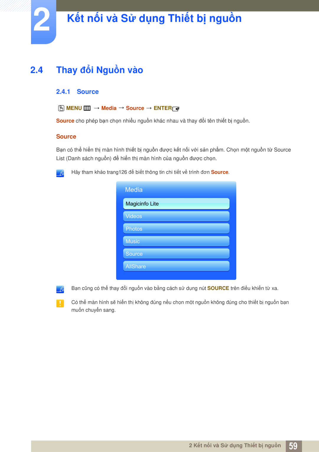 Samsung LH46UEAPLGC/XS, LH46DEPLGC/EN, LH55MEPLGC/XY, LH40MEPLGC/XY manual Thay đổi Nguồn vào, Menu m Media Source Enter 