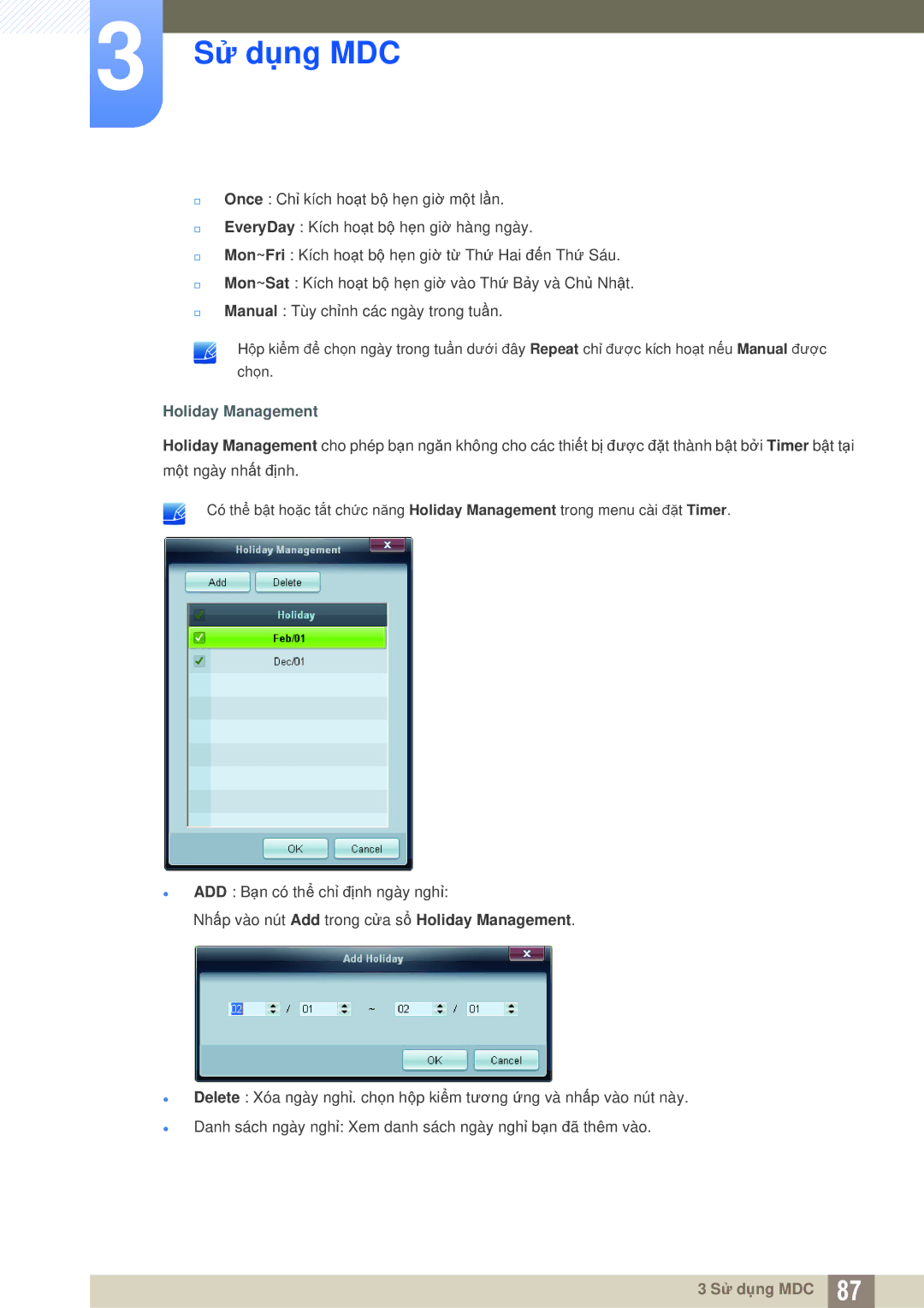 Samsung LH46MEPLGC/XY, LH46DEPLGC/EN, LH55MEPLGC/XY, LH40MEPLGC/XY, LH55UEAPLGC/XY, LH46UEAPLGC/XS manual Holiday Management 