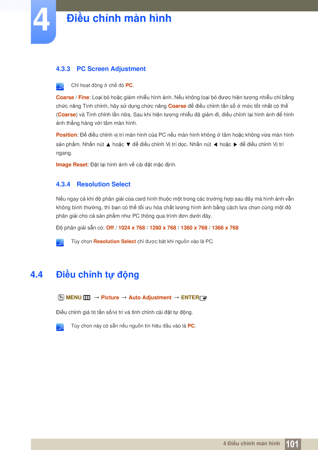 Samsung LH46UEAPLGC/XS manual 4.4 Điều chỉnh tự động, PC Screen Adjustment, Resolution Select, 4 Điều chỉnh màn hình 