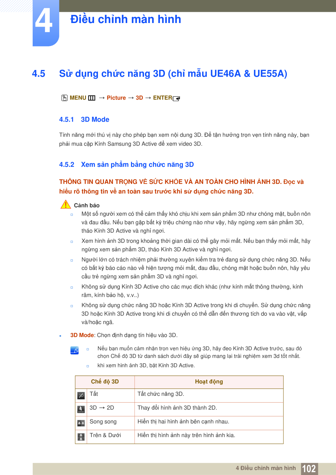 Samsung LH46DEPLGC/EN manual 4.5 Sử dụng chức năng 3D chỉ mẫu UE46A & UE55A, 4.5.1 3D Mode, Xem sản phẩm bằng chức năng 3D 