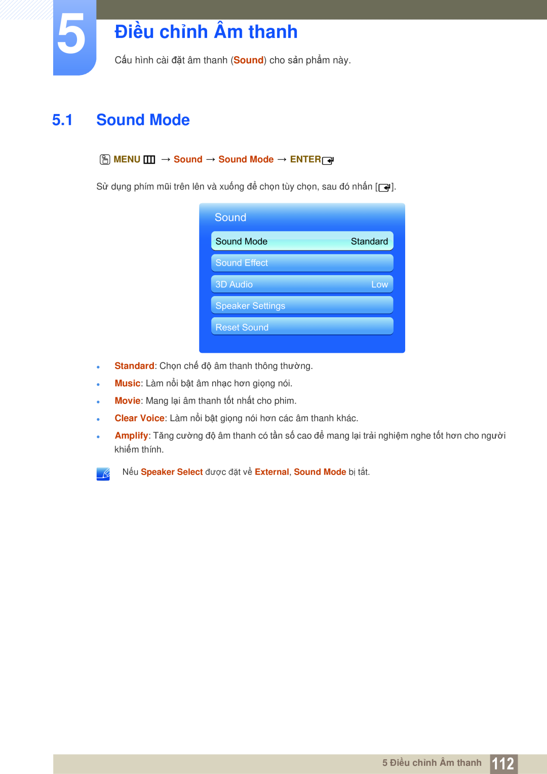 Samsung LH55UEAPLGC/XY manual 5 Điều chỉnh Âm thanh, Sound Mode, Cấu hình cài đặt âm thanh Sound cho sản phẩm này, Standard 