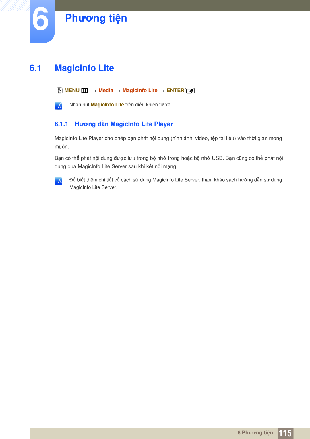 Samsung LH55MEPLGC/XY manual 6 Phương tiện, 6.1.1 Hướng dẫn MagicInfo Lite Player, O MENU m Media MagicInfo Lite ENTER 