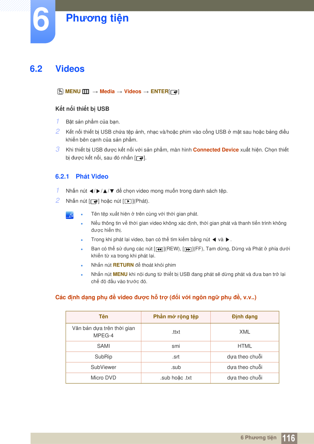 Samsung LH40MEPLGC/XY manual 6.2.1 Phát Video, 6 Phương tiện, O MENU m Media Videos ENTER, Phần mở rộng tệp, Định dạng 