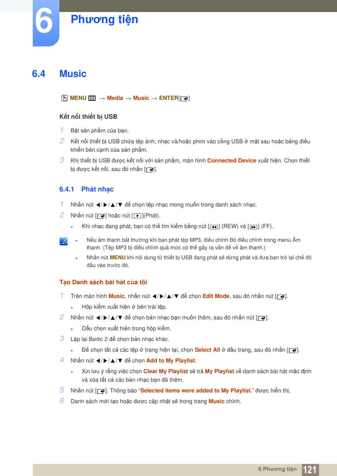 Samsung LH55MEPLGC/XY manual 6.4.1 Phát nhạc, 6 Phương tiện, Tạo Danh sách bài hát của tôi, O MENU m Media Music ENTER 