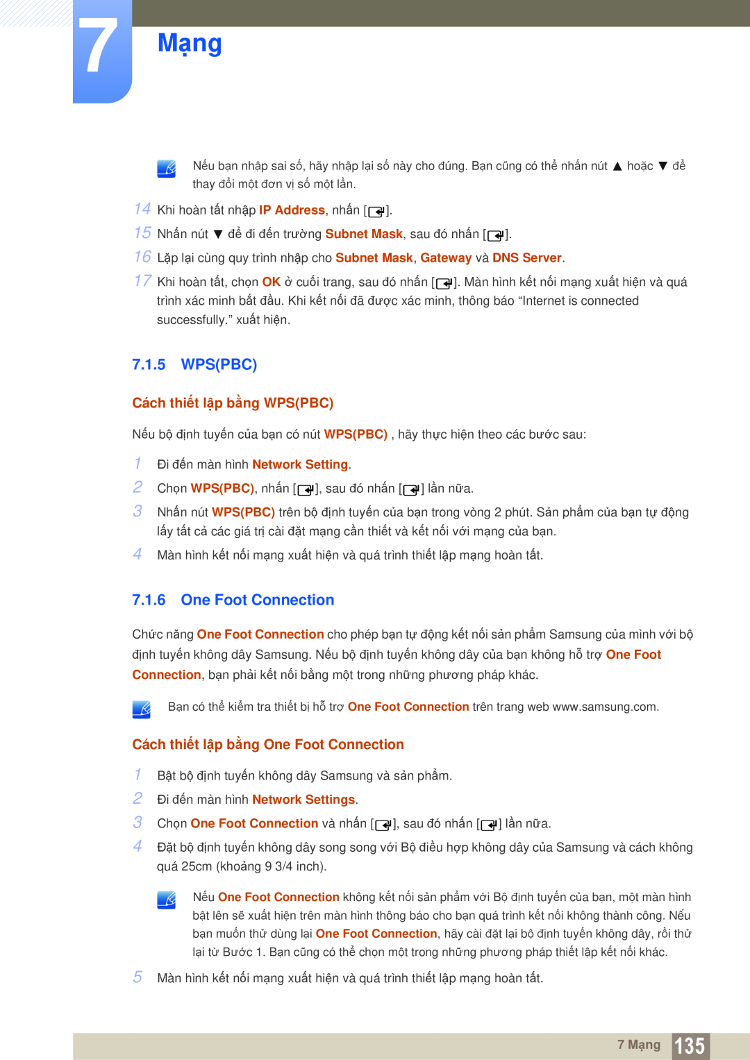 Samsung LH46MEPLGC/XY, LH46DEPLGC/EN, LH55MEPLGC/XY manual Wpspbc, One Foot Connection, 7 Mạng, Cách thiết lập bằng WPSPBC 