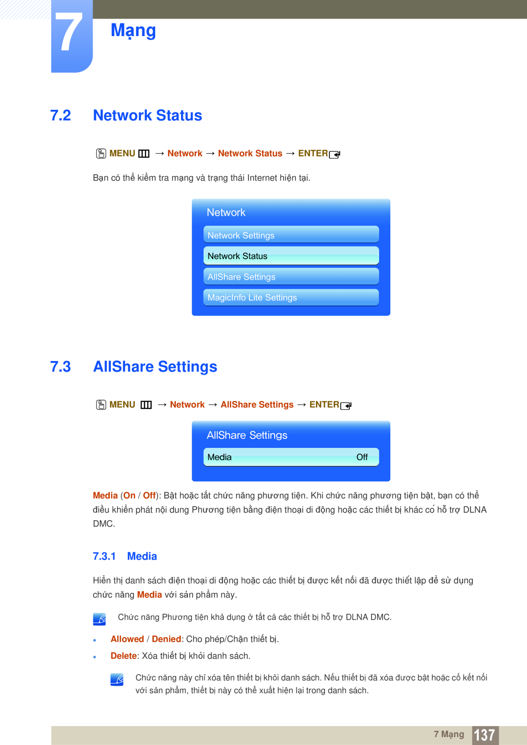 Samsung LH46UEAPLGC/XS, LH46DEPLGC/EN Network Status, AllShare Settings, MM4IBSF4FUUJOHT, Media, 7 Mạng, Network Settings 