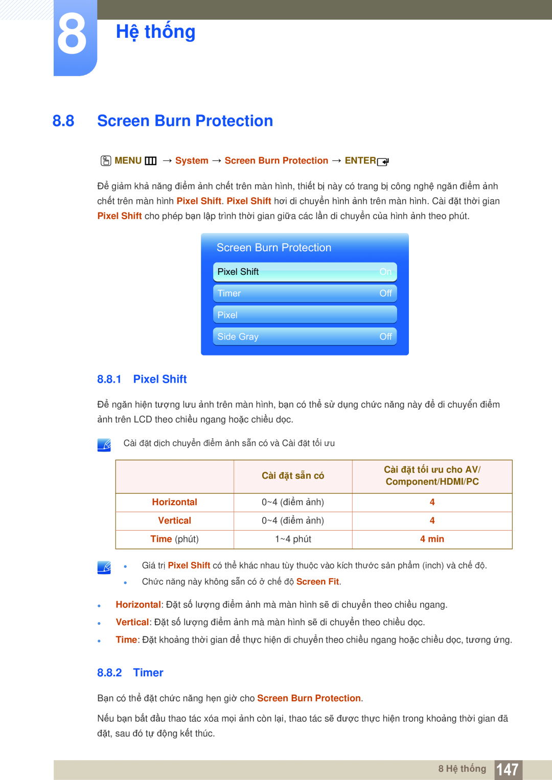 Samsung LH46MEPLGC/XY Pixel Shift, Timer, 8 Hệ thống, O MENU m System Screen Burn Protection ENTER, Side Gray, 4 min 
