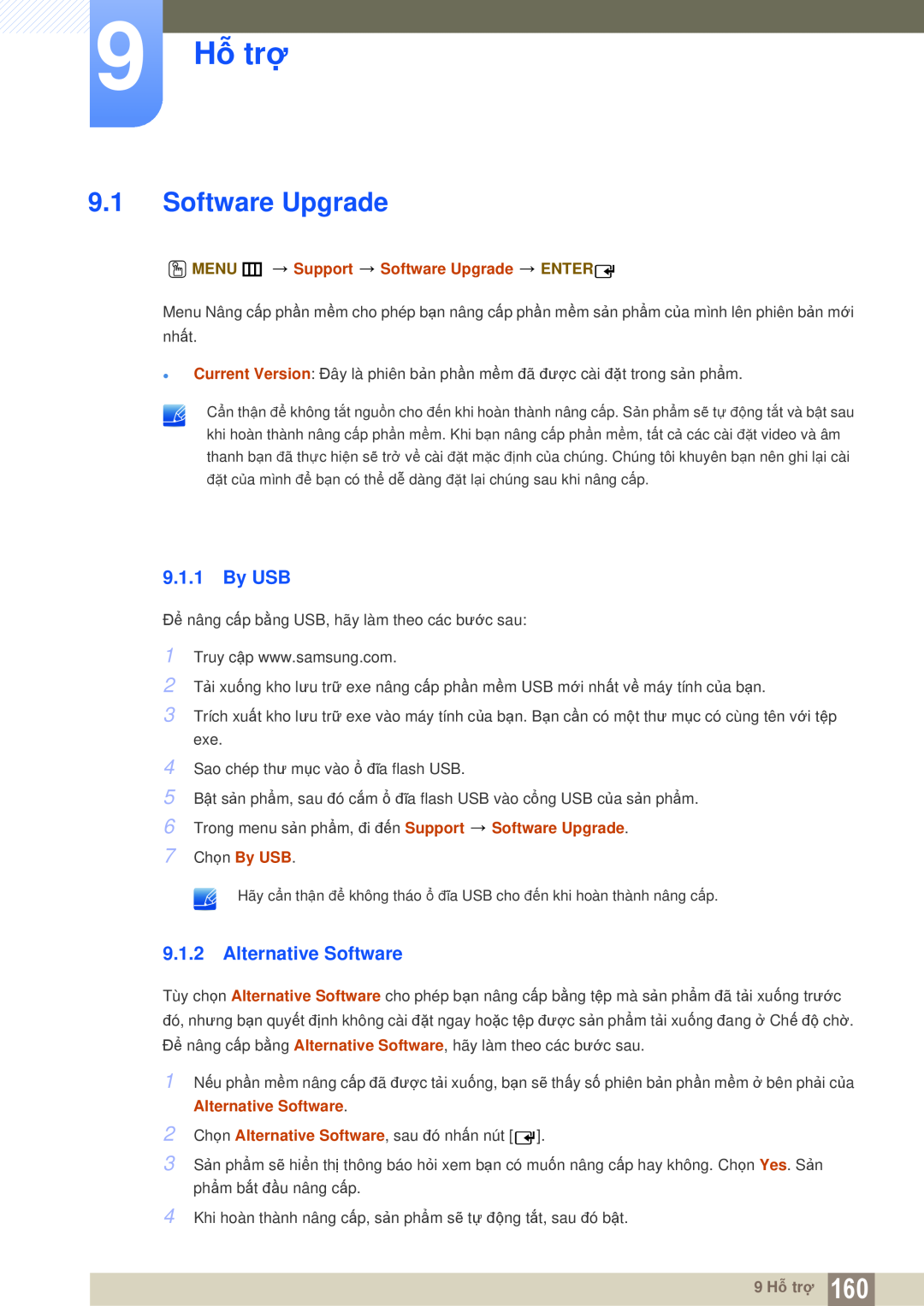 Samsung LH55UEAPLGC/XY, LH46DEPLGC/EN 9 Hỗ trợ, By USB, Alternative Software, O MENU m Support Software Upgrade ENTER 
