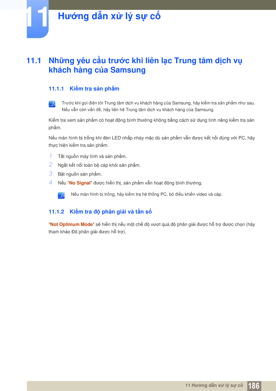 Samsung LH46DEPLGC/EN manual 11 Hướng dẫn xử lý sự cố, 11.1.1 Kiểm tra sản phẩm, 11.1.2 Kiểm tra độ phân giải và tần số 