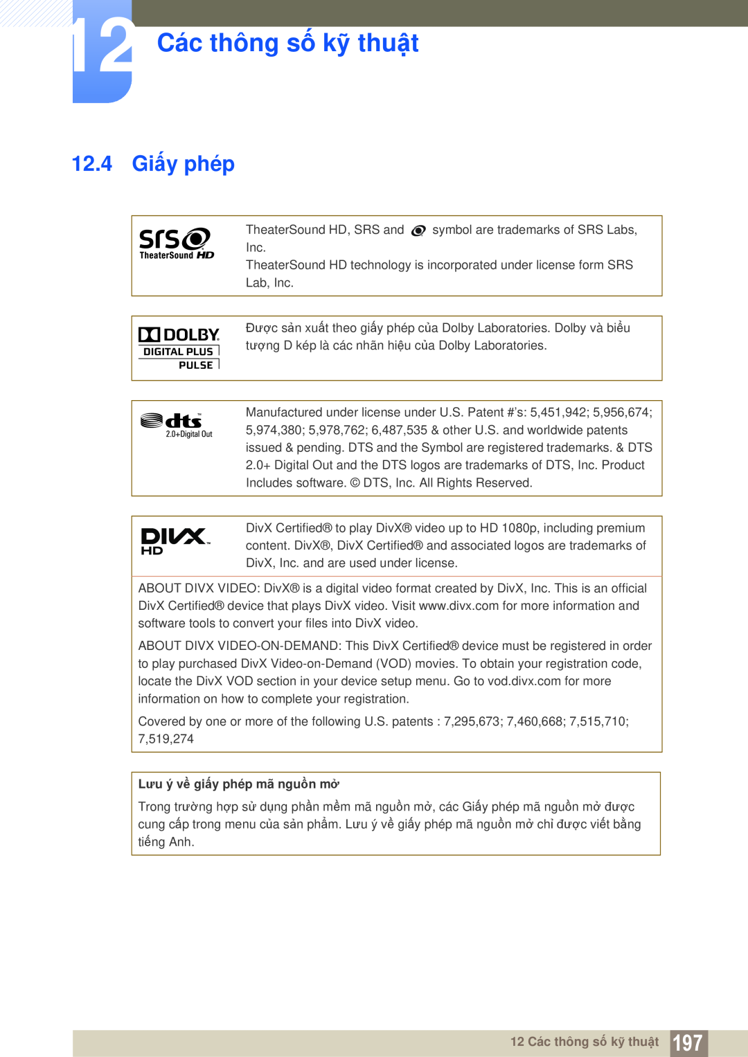 Samsung LH46UEAPLGC/XS, LH46DEPLGC/EN manual 12.4 Giấy phép, 12 Các thông số kỹ thuật, Lưu ý về giấy phép mã nguồn mở 