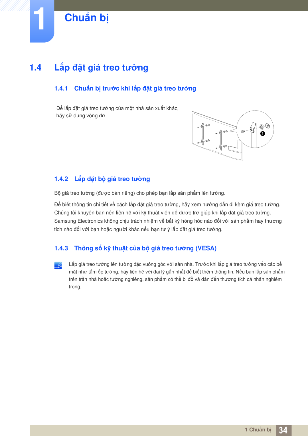 Samsung LH55UEAPLGC/XY, LH46DEPLGC/EN manual 1.4 Lắp đặt giá treo tường, 1.4.1 Chuẩn bị trước khi lắp đặt giá treo tường 