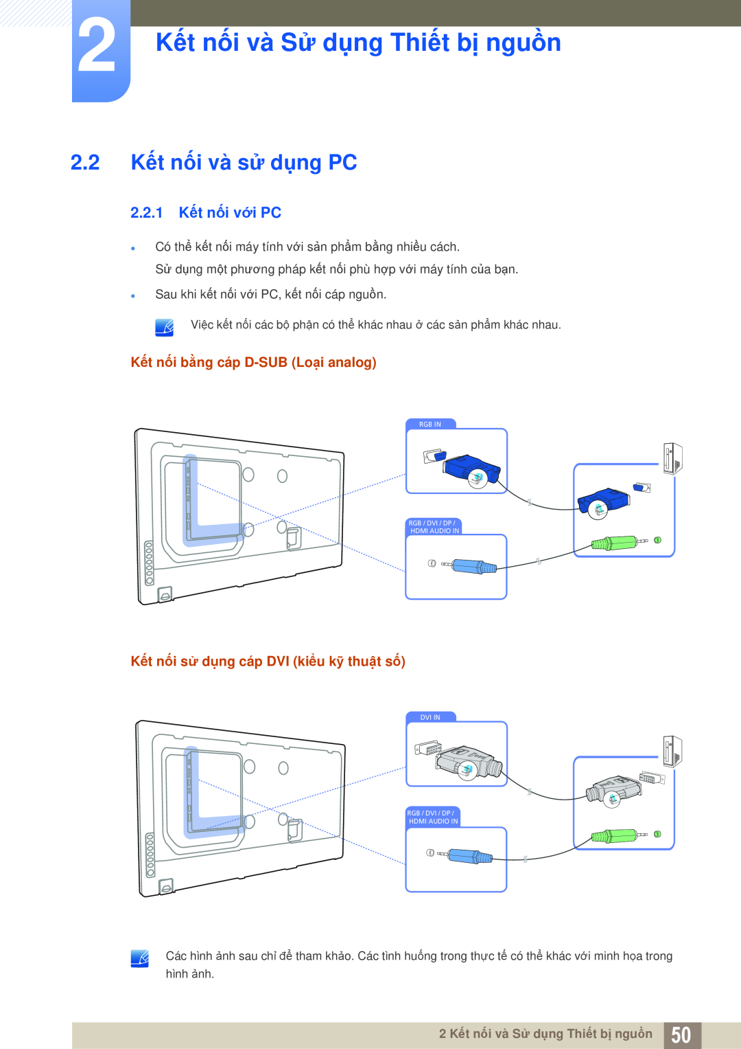 Samsung LH40MEPLGC/XY, LH46DEPLGC/EN 2.2 Kết nối và sử dụng PC, 2.2.1 Kết nối với PC, 2 Kết nối và Sử dụng Thiết bị nguồn 