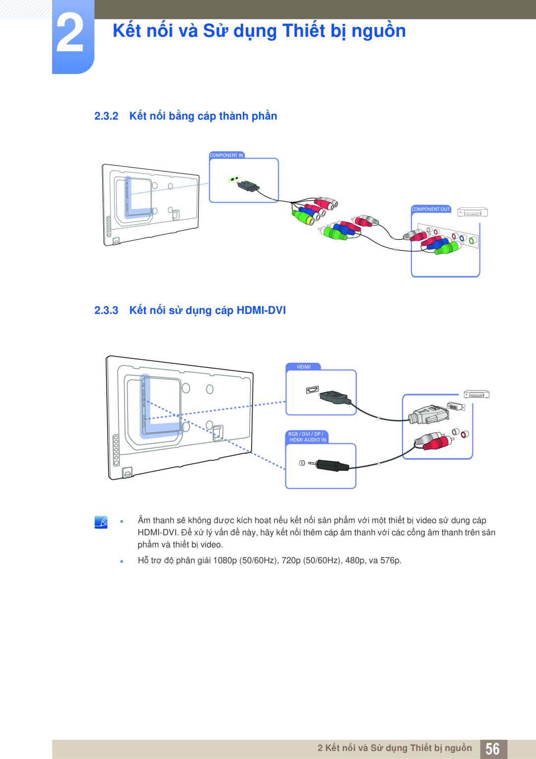 Samsung LH40MEPLGC/XY, LH46DEPLGC/EN, LH55MEPLGC/XY 2.3.2 Kết nối bằng cáp thành phần, 2.3.3 Kết nối sử dụng cáp HDMI-DVI 