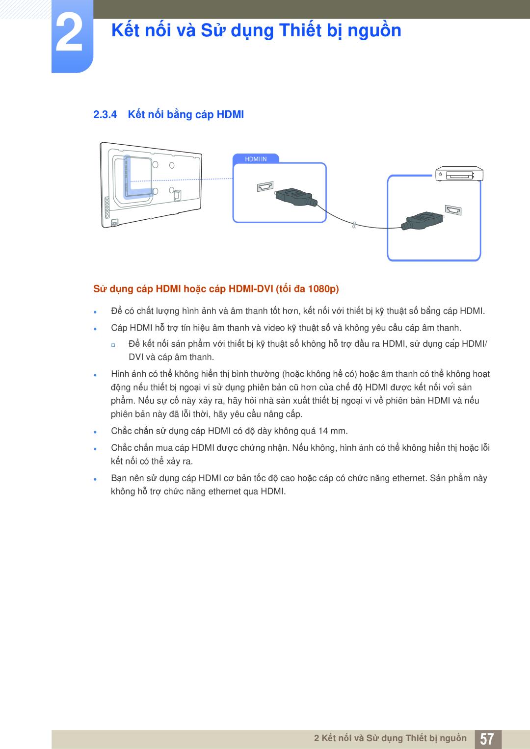 Samsung LH46MEPLGC/XY, LH46DEPLGC/EN, LH55MEPLGC/XY manual 2.3.4 Kết nối bằng cáp HDMI, 2 Kết nối và Sử dụng Thiết bị nguồn 