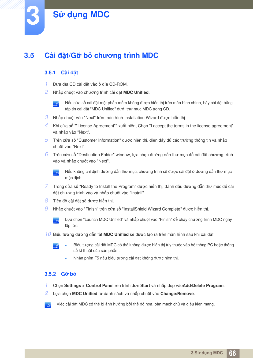 Samsung LH46DEPLGC/EN, LH55MEPLGC/XY manual 3.5 Cài đặt/Gỡ bỏ chương trình MDC, 3.5.1 Cài đặt, 3.5.2 Gỡ bỏ, 3 Sử dụng MDC 