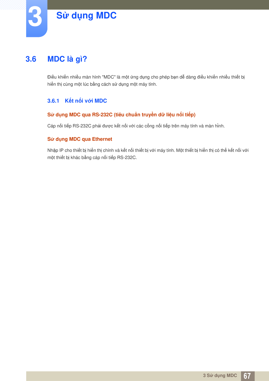 Samsung LH55MEPLGC/XY, LH46DEPLGC/EN manual MDC là gì?, 3.6.1 Kết nối với MDC, 3 Sử dụng MDC, Sử dụng MDC qua Ethernet 