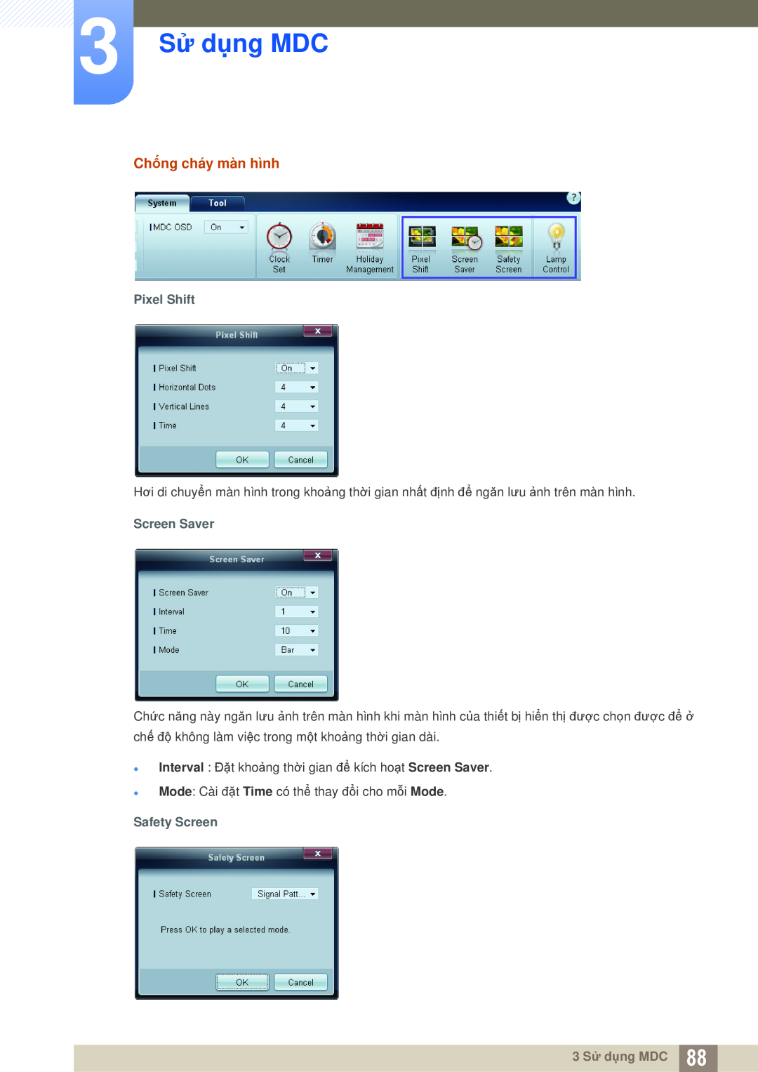 Samsung LH55UEAPLGC/XY, LH46DEPLGC/EN manual 3 Sử dụng MDC, Chống cháy màn hình, Pixel Shift, Screen Saver, Safety Screen 