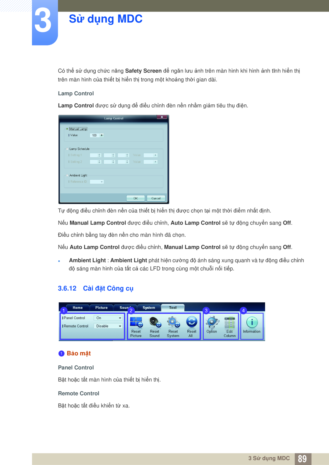 Samsung LH46UEAPLGC/XS manual 3.6.12 Cài đặt Công cụ, 3 Sử dụng MDC, 1 Bảo mật, Lamp Control, Panel Control, Remote Control 