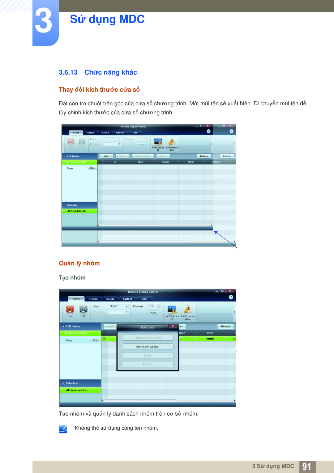 Samsung LH55MEPLGC/XY manual 3.6.13 Chức năng khác, 3 Sử dụng MDC, Thay đổi kích thước cửa sổ, Quản lý nhóm, Tạo nhóm 