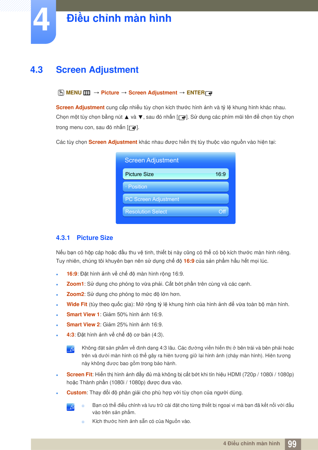 Samsung LH46MEPLGC/XY Picture Size, 4 Điều chỉnh màn hình, O MENU m Picture Screen Adjustment ENTER, Resolution Select 