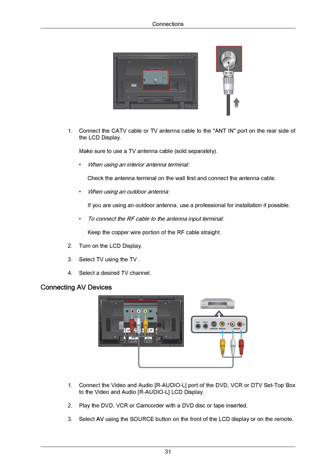 Samsung LH40DLTLGD/EN manual Connecting AV Devices, When using an interior antenna terminal, When using an outdoor antenna 